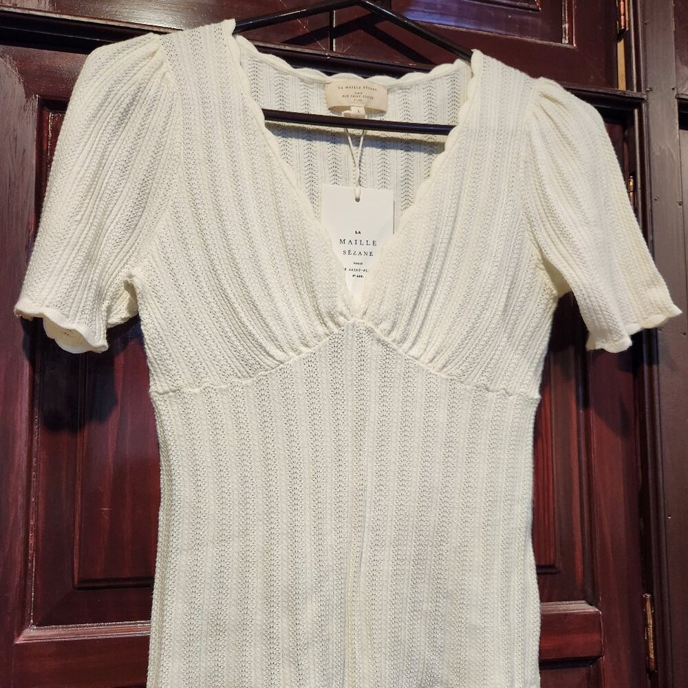 Sézane Cloé Jumper Cream White Scalloped Knit V-Neck Top Large New with Tags
